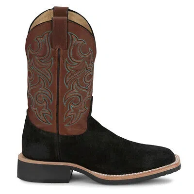 Pre-owned Justin Boots Alamo Wide Square Toe Cowboy Mens Black, Brown Casual Boots Br389