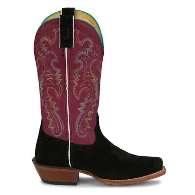 Pre-owned Justin Boots Annie Up Medium Square Toe Cowboy Womens Black, Red Casual Boots F