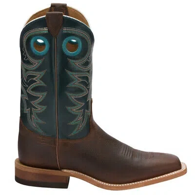 Pre-owned Justin Boots Austin 11 Inch Embroidery Square Toe Cowboy Mens Blue, Brown Casua