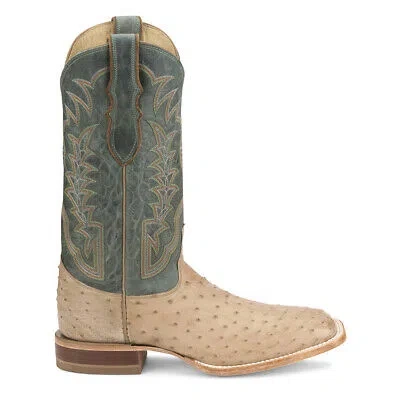 Pre-owned Justin Boots Chisolm 13" Full Quill Ostrich Square Toe Cowboy Mens Brown, Green