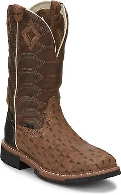 Pre-owned Justin Boots Justin 12in Croc Print Mens Caramel Derrickman Leather Work Boots In Brown