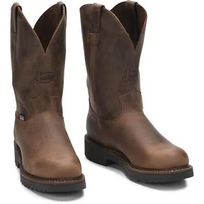 Pre-owned Justin Boots Justin Men's 4444 Balusters 11" Brown Electrical Hazard Round Toe Work Boots In Bay Gaucho (brown)