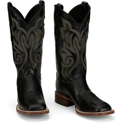 Pre-owned Justin Boots Justin Men's 8170 Pascoe 13" Black Smooth Ostrich Square Toe Western Boots