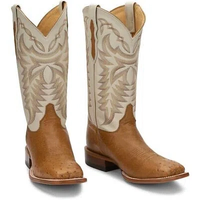 Pre-owned Justin Boots Justin Men's 8294 Pascoe 13" Tan Smooth Ostrich Sq Toe Block Heel Western Boots In Antique Saddle (tan)