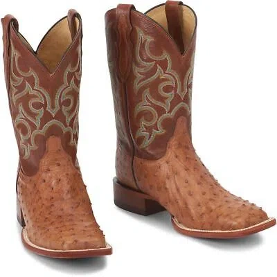 Pre-owned Justin Boots Justin Men's 8516 Truman 11" Cognac Full Quill Ostrich Wide Sq Toe Western Boots In Cognac (brown)