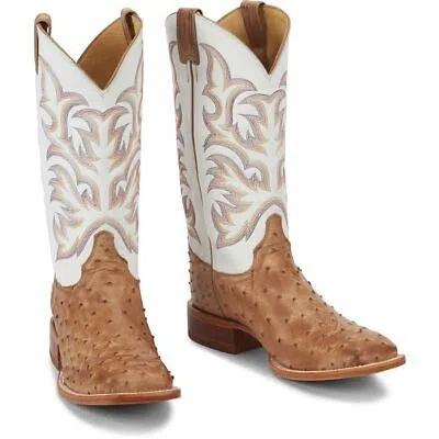 Pre-owned Justin Boots Justin Men's 8572 Pascoe 13" Brown Full Quill Ostrich Sq Toe Block Heel Boots In Antique Tan (brown)