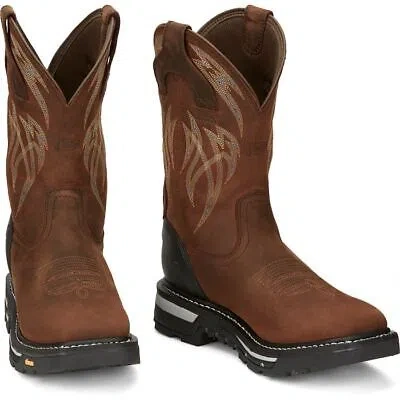 Pre-owned Justin Boots Justin Men's Cr2151 Frontline Hiviz 11" Brown Waterproof Square Toe Work Boots In Walnut Brown (brown)