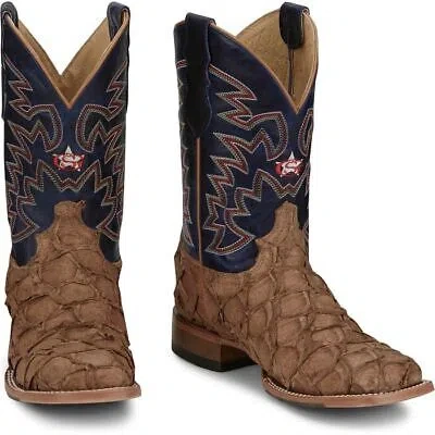 Pre-owned Justin Boots Justin Men's Gr5707 Ocean Front 11" Pirarucu Tan Square Toe Western Cowboy Boots