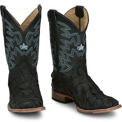 Pre-owned Justin Boots Justin Men's Gr5708 Ocean Front 11" Pirarucu Black Square Toe Western Boots In Inky Black (black)