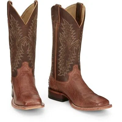 Pre-owned Justin Boots Justin Men's Je810 Breck 13" Brown Smooth Ostrich Sq Toe Western Mid-calf Boots In Cognac Vintage (brown)