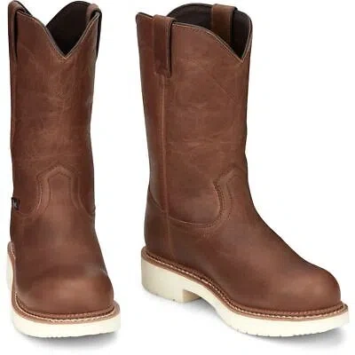 Pre-owned Justin Boots Justin Men's Mj1700 Round-up 11" Brown Steel Round Toe Electrical Hazard Boots In Brentwood Brown (brown)