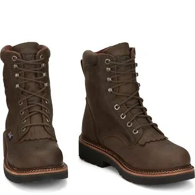 Pre-owned Justin Boots Justin Men's Ow441 Rivot 8" Brown Electrical Hazard Slip-resistant Lace-up Boots In Hickory Brown (brown)