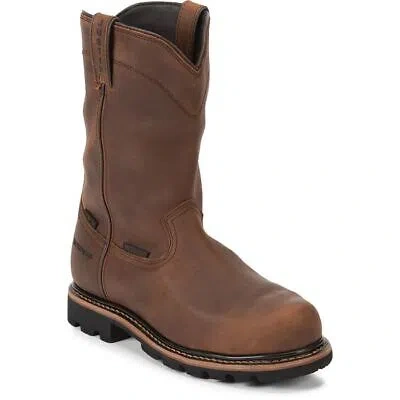 Pre-owned Justin Boots Justin Men's Wk4630 Pulley 10" Brown Composite Toe Waterproof Work Boots