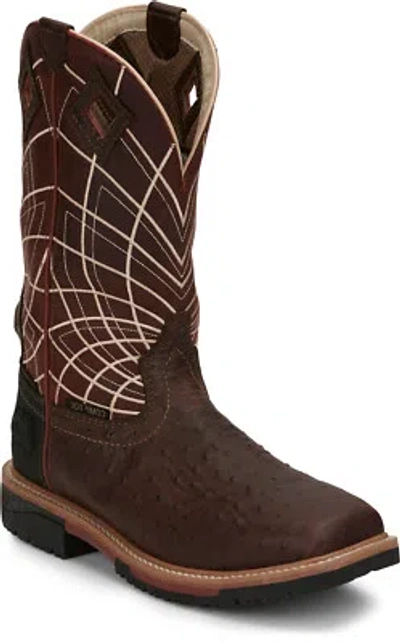 Pre-owned Justin Boots Justin Ostrich Print Ct Mens Rust Derrickman Leather Work Boots