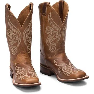 Pre-owned Justin Boots Justin Women's Brl212 Llano 11" Brown Block Heel Square Toe Western Boots