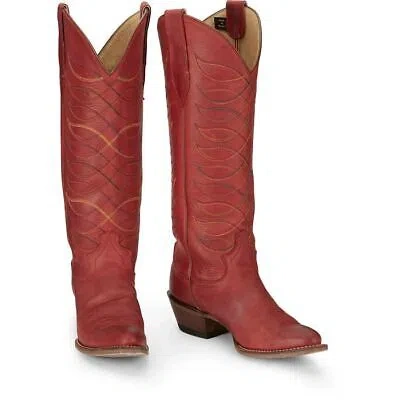 Pre-owned Justin Boots Justin Women's Vn4459 Whitley 15" Justin Red Round Toe Western Mid-calf Boots In Justin Red (red)