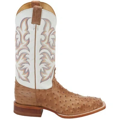 Pre-owned Justin Boots Pascoe Ostrich Square Toe Cowboy Mens Brown, White Dress Boots 857