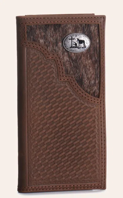 Justin Brown Basketweave And Hair On Hide With Praying Cowboy Concho Rodeo Wallet / Checkbook Cover