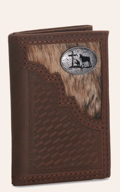 Justin Brown Basketweave And Hair On Hide With Praying Cowboy Concho Trifold Wallet