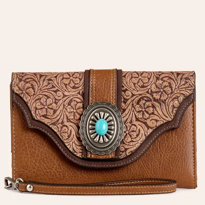 Justin Brown Floral Tooled Concho Wristlet Wallet