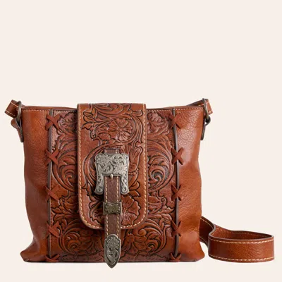 Justin Brown Tooled Leather Buckle Strap Crossbody Bag