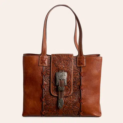 Justin Brown Tooled Leather Buckle Strap Tote Bag