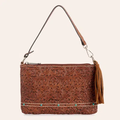 Justin Cognac Tooled Leather Billet Strap Mini Shoulder Bag In Brown