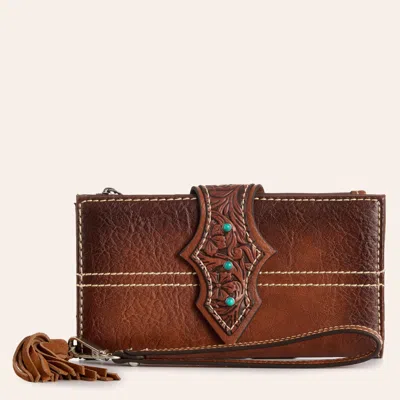 Justin Cognac Tooled Leather Clasp Billet Strap Wristlet Wallet In Brown