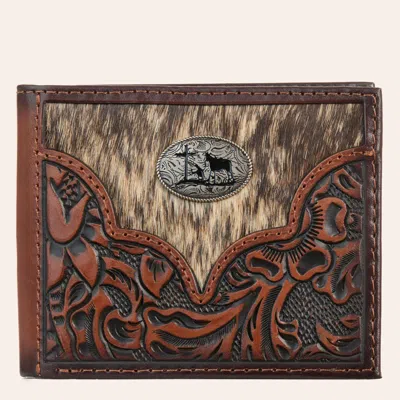 Justin Hair On Floral Tooled Cowboy Concho Bifold Wallet In Tan