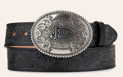 Justin Men's Black Tooled Leather With Silver  Logo Buckle Western Belt