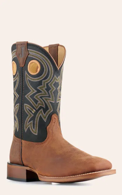 Justin Men's Frontier Tuf Black And Brown Wide Square Toe Cowboy Boots