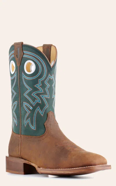 Justin Men's Frontier Tuf Brown And Green Wide Square Toe Cowboy Boots