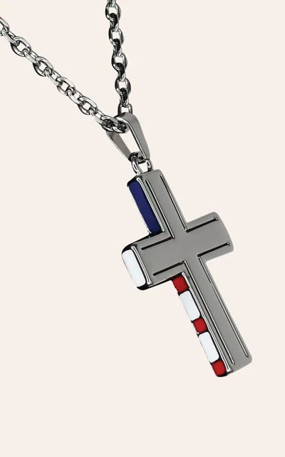 Justin Men's Silver Enameled American Flag Cross Necklace In Metallic