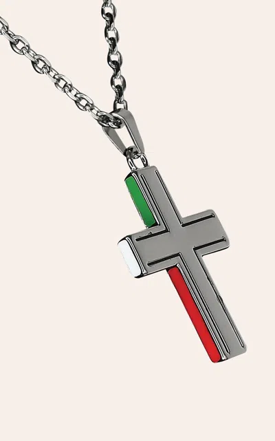 Justin Men's Silver Enameled Mexican Flag Cross Necklace In Neutral