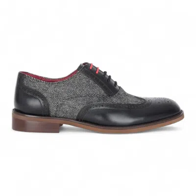 Justin Reess Men's Black Leather Tweed Brogue Shoes - Albert In Grey