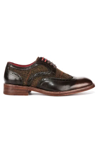 Justin Reess Men's Brown Leather Tweed Brogue Shoes - Arlo In Black