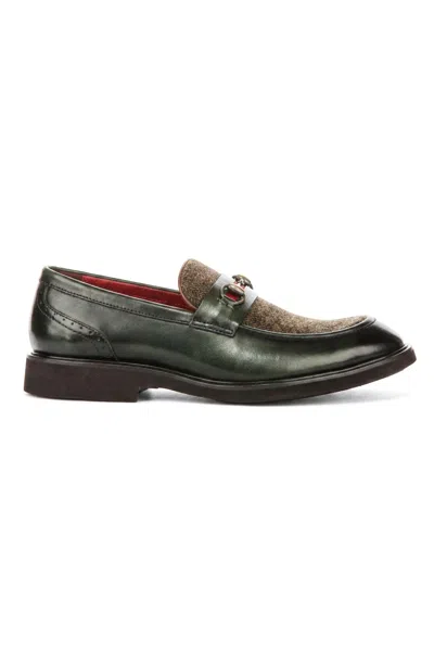 Justin Reess Men's Green Leather Herringbone Tweed Loafer Shoes - Tristian