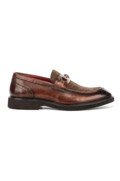 Justin Reess Men's Tan Leather Herringbone Tweed Loafer Shoes - Tristian In Brown