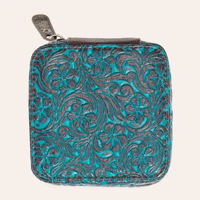 Justin Turquoise & Brown Floral Embossed Leather Jewelry Box In Blue
