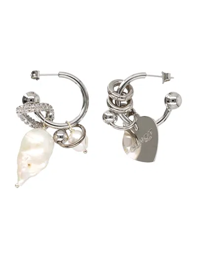 Justine Clenquet Agyness Sculptural Mini Hoop Earrings With Heart Pendant In Palladium