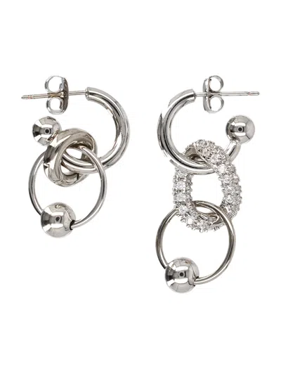 Justine Clenquet Mini Asymmetric Crystal Hoop Earrings With Interlocking Rings & Spherical Details ( In Palladium