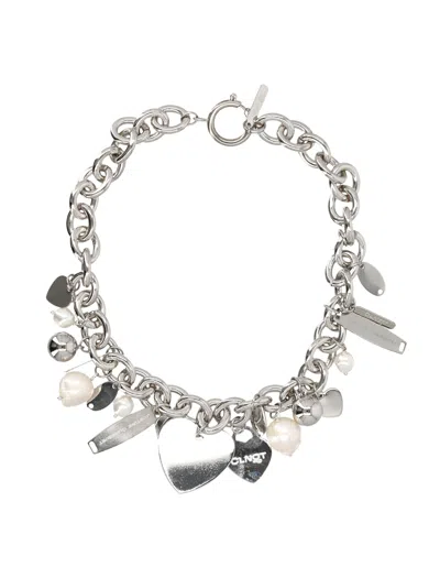 Justine Clenquet Mini Heart Charm & Pearl-effect Bead Britt Necklace, 34 Cm In Palladium