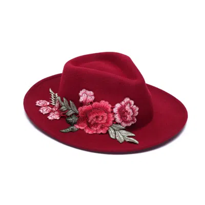 Justine Hats Women's Red Fedora Hat With Floral Embroidery