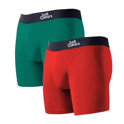 Justwears Men's Green / Red Super Soft Boxer Briefs Anti-chafe & No Ride Up Design - Two Pack With & Without P In Green/red