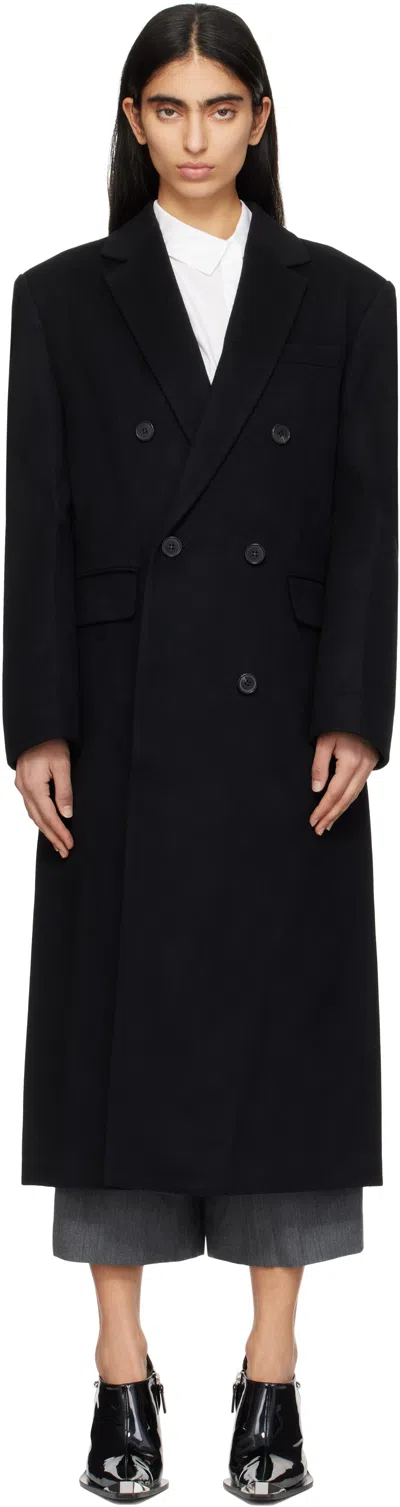 Juunj Black Double Breasted Maxi Coat In Black 5