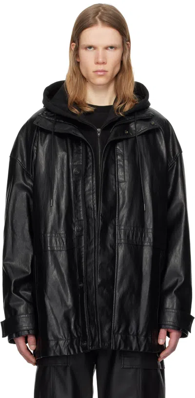JUUNJ BLACK HOOD DETACHABLE CAR FAUX-LEATHER COAT