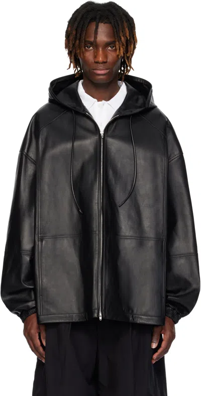 Juunj Hood Zip-up Leather Jacket In Black