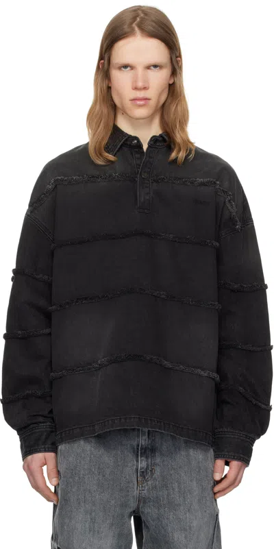 Juunj Black Horizontal Fringe Long Sleeve Denim Polo