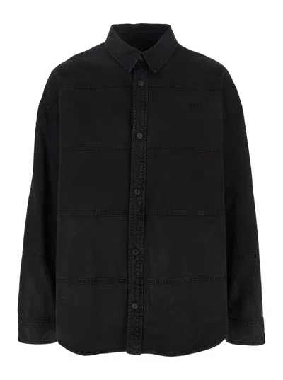 JUUNJ BLACK SHIRT WITH CLASSIC COLLAR AND TONAL LOGO LETTERING EMBROIDERY ON THE FRONT IN DENIM MAN