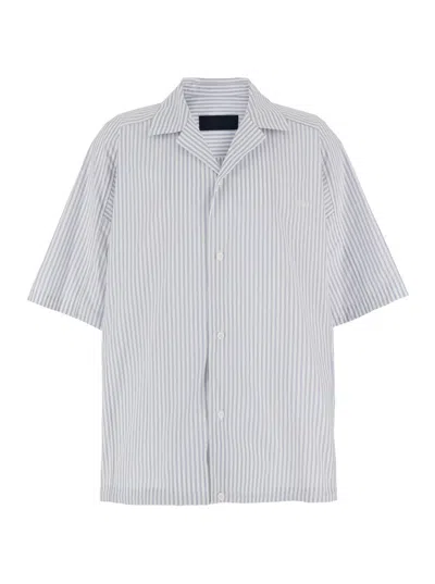 JUUNJ BLUE BOWLING SHIRT WITH CUBAN COLLAR AND ALL-OVER STRIPED MOTIF IN COTTON BLEND MAN